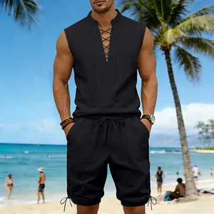 Detailed view of men's black sleeveless linen lace-up top and matching shorts set