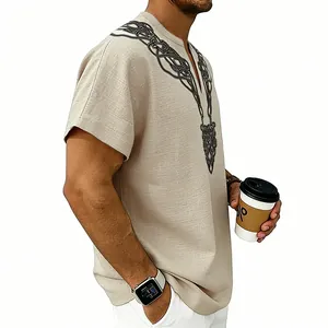 Close-up detail of men's slub linen V-neck shirt with black rune print pattern