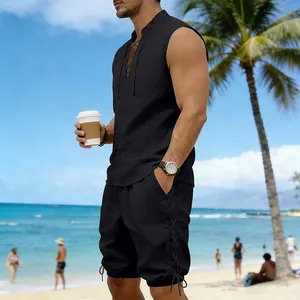 Close-up of men's black linen sleeveless lace-up top and matching drawstring shorts set
