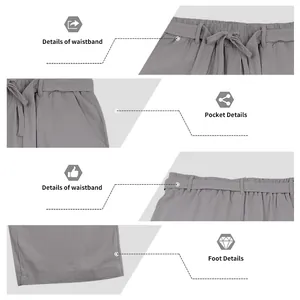 Dettagli completi dei pantaloni in lino grigio uomo con coulisse in vita, tasche e fondo.