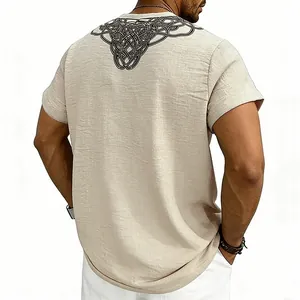 Back view of men's loose slub linen casual short sleeve t-shirt with Celtic knot print