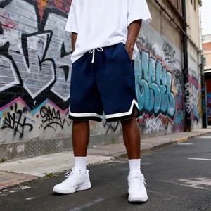 Men's navy waffle knit casual shorts with white drawstring and street style