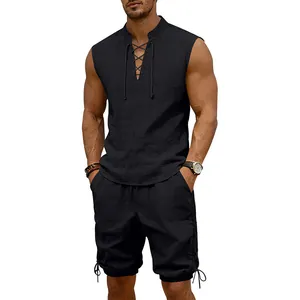 Close-up detail of black linen sleeveless set with lace-up collar and drawstring shorts