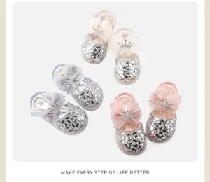 Glittery baby girl princess sandals with mesh bows and crown charms in three colors