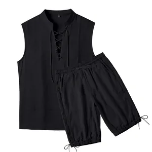 Men's black linen sleeveless lace-up top and drawstring shorts two-piece set