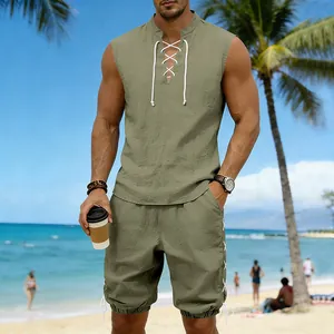 Detail view of men's casual sleeveless linen set with drawstring design on a tropical beach