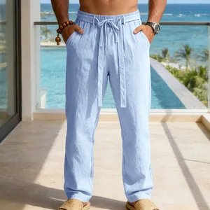 Pantaloni casual in lino traspiranti da uomo con coulisse in vita blu chiaro