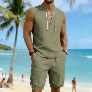 Men's casual linen two-piece set featuring lace-up sleeveless top and matching shorts on beach