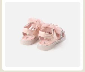 Rear view of pink baby princess sandals with mesh bow and sequin detailing