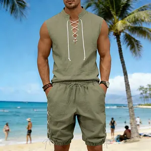 Men's olive green linen sleeveless drawstring top and matching shorts beach vacation set