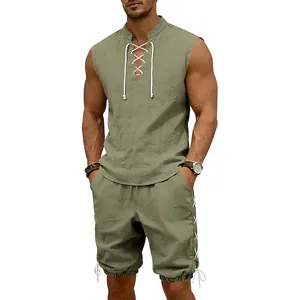 Men's olive green linen set featuring a lace-up sleeveless top and matching shorts.
