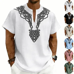 Men V Neck Short Sleeve T-Shirt American Vintage Polyester Slub Texture Top With Celtic Knot Rune Print Casual Summer Shirt