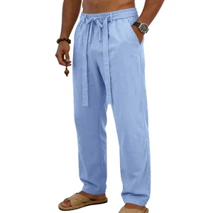 Pantaloni casual da uomo in lino traspirante celeste con dettaglio della coulisse