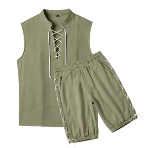 Lace-up details on olive green men's linen sleeveless top and drawstring shorts set
