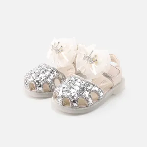 Elegant baby girl sequin princess shoes with soft sole mesh bow and crown detail