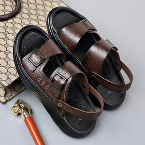 Sandalias de Playa a la Moda para Hombre Cuero de Vaca Doble Uso Hebilla Transpirables Suela Suave Espuma Zapatos de Verano