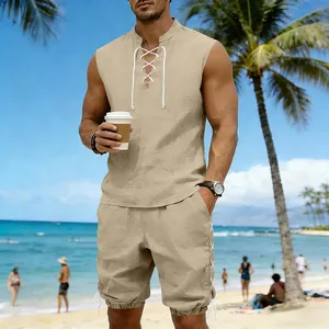 Casual men's linen sleeveless top and shorts set with lace-up design for beach vacation