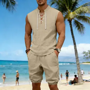 Men's casual linen two-piece set with lace-up sleeveless top and shorts for beach