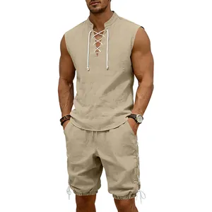 Full-length view of men's khaki linen sleeveless shirt and drawstring shorts set.