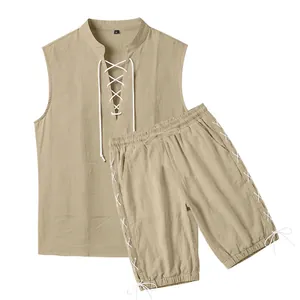 Detailed view of khaki linen sleeveless top and lace-up shorts set for men.