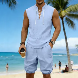 Close-up of light blue men's linen casual sleeveless lace-up top and matching shorts set