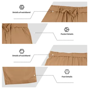 Viste dettagliate dei pantaloni di lino larghi da uomo che mostrano vita e tasche.