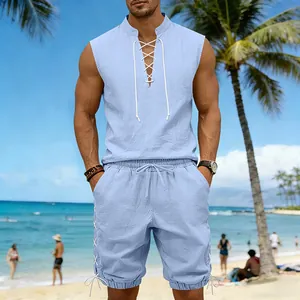 Men's blue sleeveless linen set with lace-up detail for casual summer beach wear