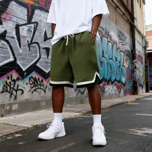 Olive green quilted streetwear shorts for men with loose fit in street setting