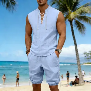 Detail view of men's light blue sleeveless linen beach set with lace-up stand collar design