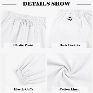 Detailed macro shots of white cotton linen joggers with elastic waist and pockets