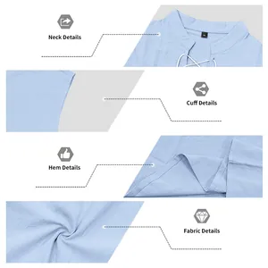 Close-up of neck, cuff, and fabric details of a blue sleeveless linen shirt.