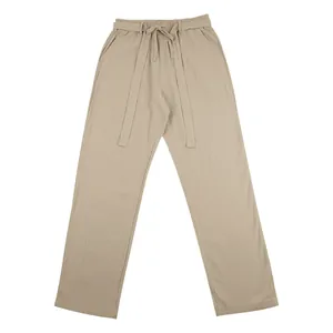 Pantaloni casual da uomo in lino kaki traspiranti con dettaglio coulisse in vita