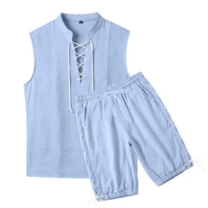Detailed view of men's sleeveless linen set with side lace-up design in light blue
