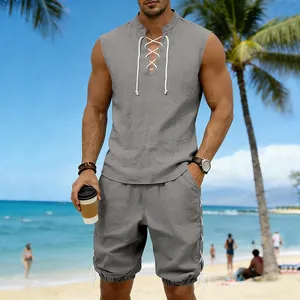 Detailed view of men's casual linen sleeveless stand collar top and drawstring shorts set