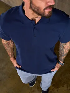 Men Solid Color Polo Shirt Casual Short Sleeve Breathable Pique Knit Top Summer Daily Business Workwear