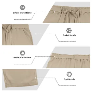 Viste dettagliate dei pantaloni estivi in lino da uomo con vita elastica, tasche e orlo