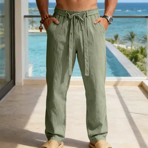 Pantaloni estivi da uomo in lino traspiranti, vestibilità comoda con coulisse