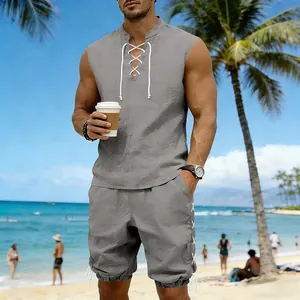 Men's linen lace-up sleeveless top and shorts set in grey for summer beach wear.