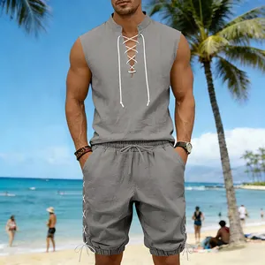 Men's casual grey linen-look sleeveless top and lace-up shorts set for summer vacations