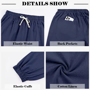 Detailed views of men's cotton linen joggers featuring elastic waist and elastic cuffs.