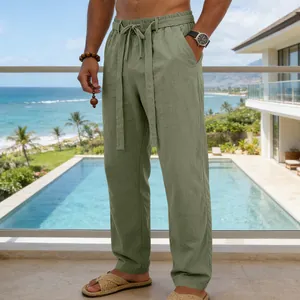 Pantaloni uomo larghi in lino verde oliva per stile mare e resort estivo moda