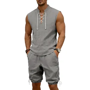 Men's grey linen sleeveless set featuring a unique drawstring neck and matching shorts
