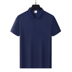 Front view of a minimalist navy blue men's ice silk polo shirt on a black hanger.