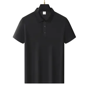Detail view of a classic black short sleeve polo shirt made of breathable fabric on a hanger