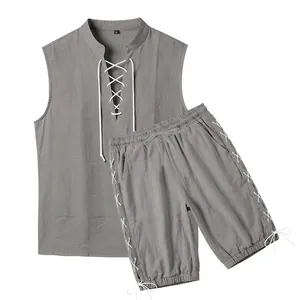 Men's grey linen-style sleeveless lace-up top and matching drawstring shorts set