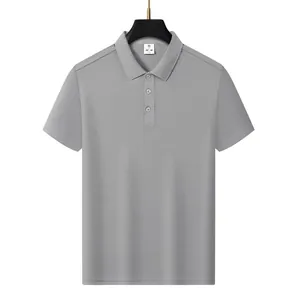 Close-up of a men's grey short-sleeve polo shirt made of breathable ice silk fabric