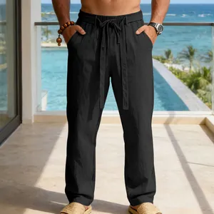 Pantaloni estivi casual in lino da uomo con gamba dritta e coulisse in vita di colore nero