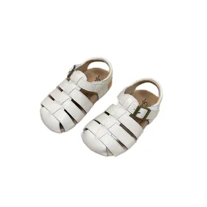 White vintage woven closed-toe Roman sandals for kids with adjustable buckle strap