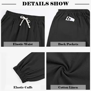 Detail view of men's black cotton linen joggers showing elastic waist and cuffs