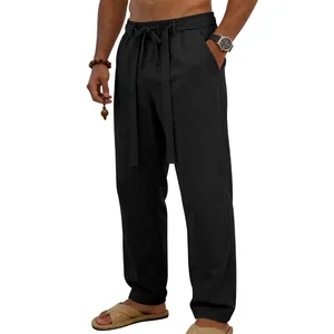 Pantaloni casual di alta qualità in lino nero traspirante per uomo con comoda coulisse